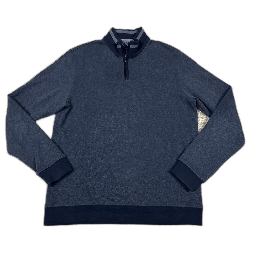 Hammer Made Sweater Mens Large Blue Herringbone 1/4 Zip Cotton Blend Pullover